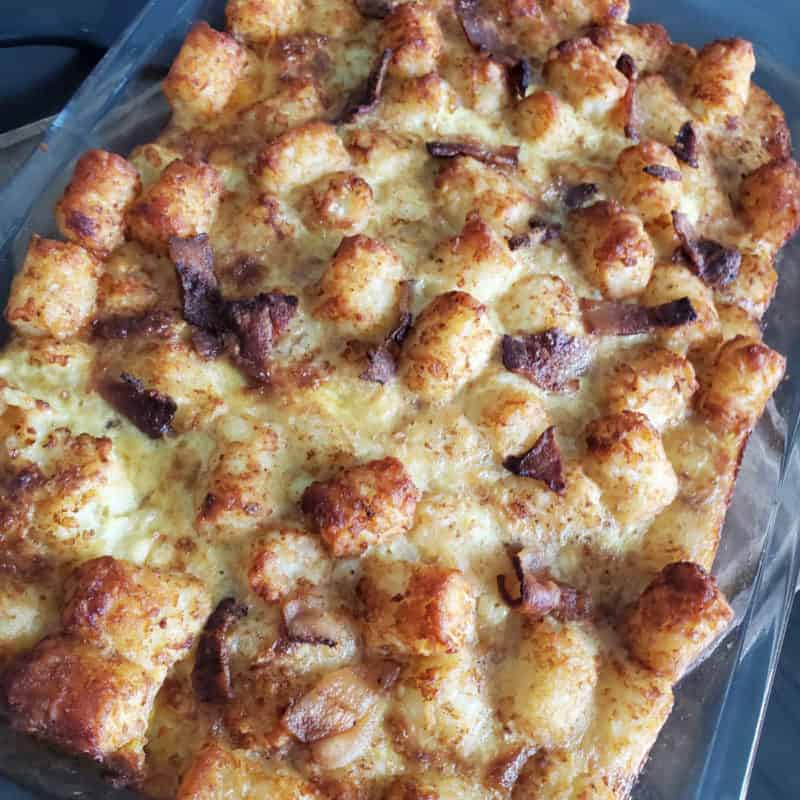 tater tot breakfast casserole in a glass baking dish