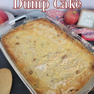 Caramel Apple Dump Cake text printed over a casserole dish with cake and a wooden spoon