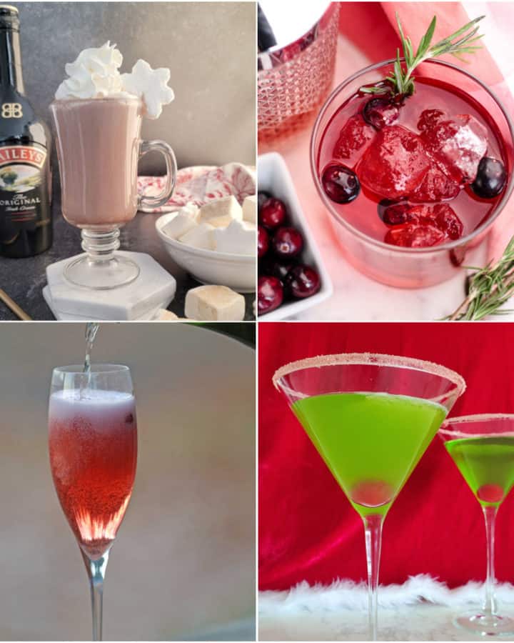 Collage of Christmas cocktails with hot chocolate, cranberry mimosa, and grinch drink