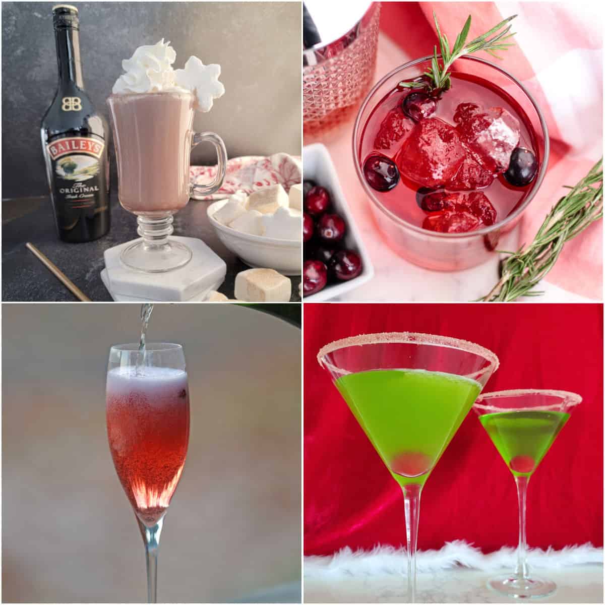 Collage of Christmas cocktails with hot chocolate, cranberry mimosa, and grinch drink