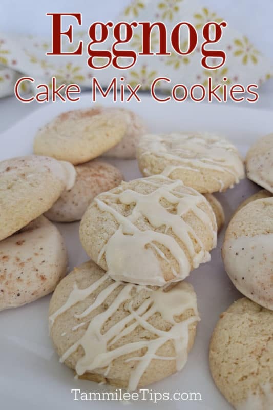 Eggnog Cake Mix Cookies text printed over a white plate filled with eggnog cookies
