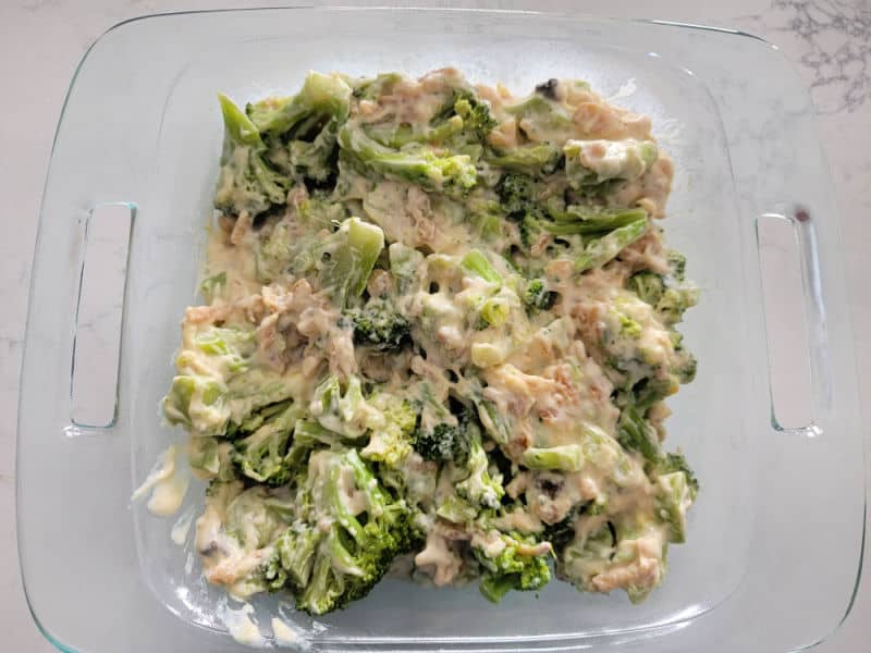 Broccoli casserole in a baking dish before baking