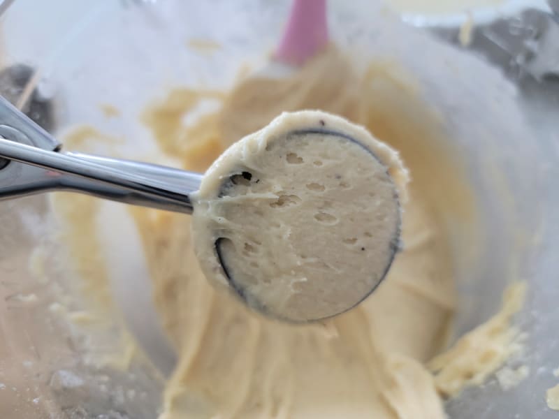 Eggnog cookie dough in a cookie scoop