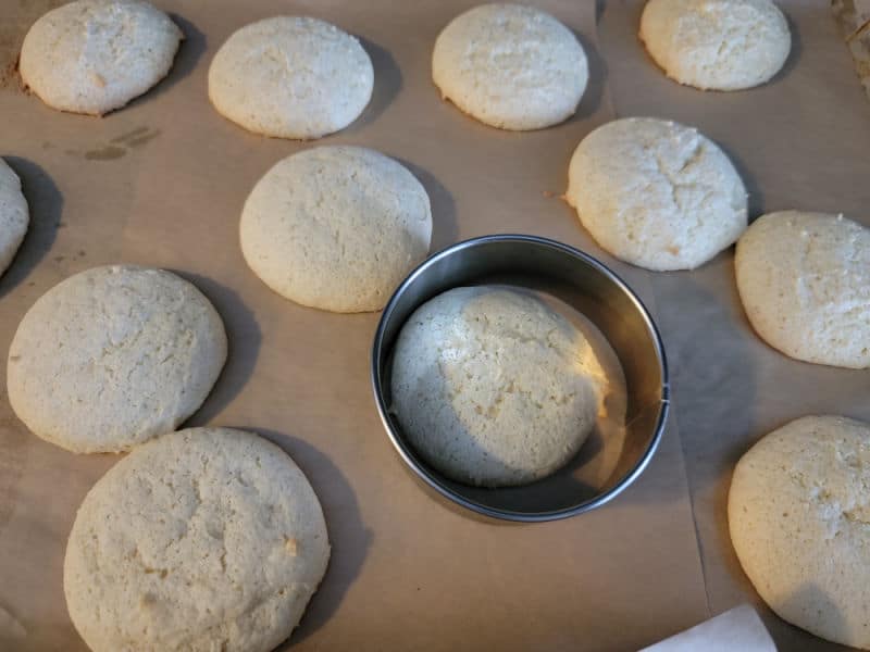 Eggnog cookies on parchment paper with a circle cookie cutter