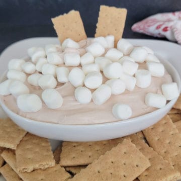 hot chocolate dip in a white bowl topped with mini marshmallows surrounded by graham crackers