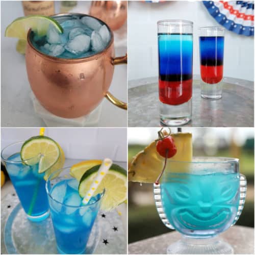 Four blue cocktails in a collage