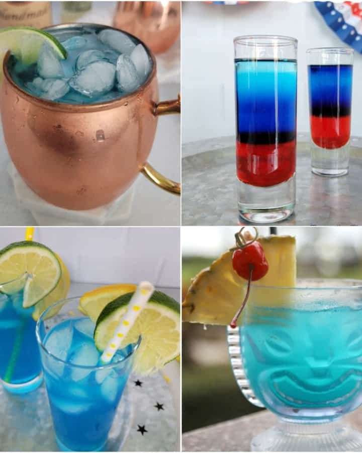 Four blue cocktails in a collage