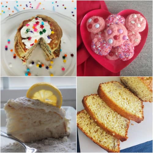 Collage of cake mix recipes, pancakes, pink cookies, lemon cake, and cake mix banana bread