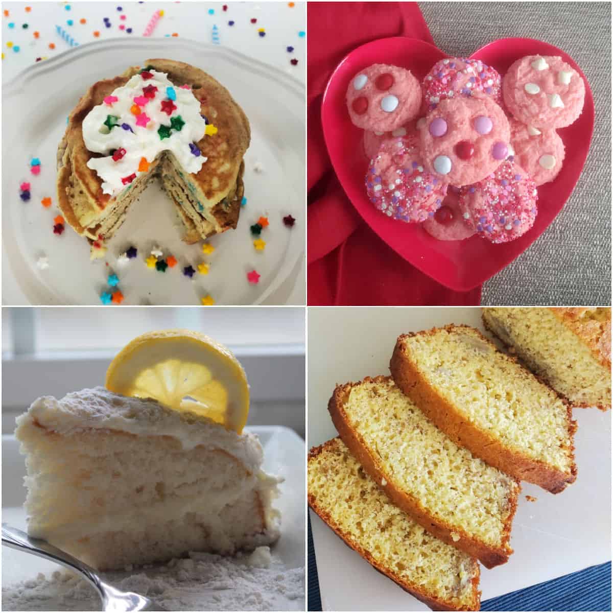 Collage of cake mix recipes, pancakes, pink cookies, lemon cake, and cake mix banana bread