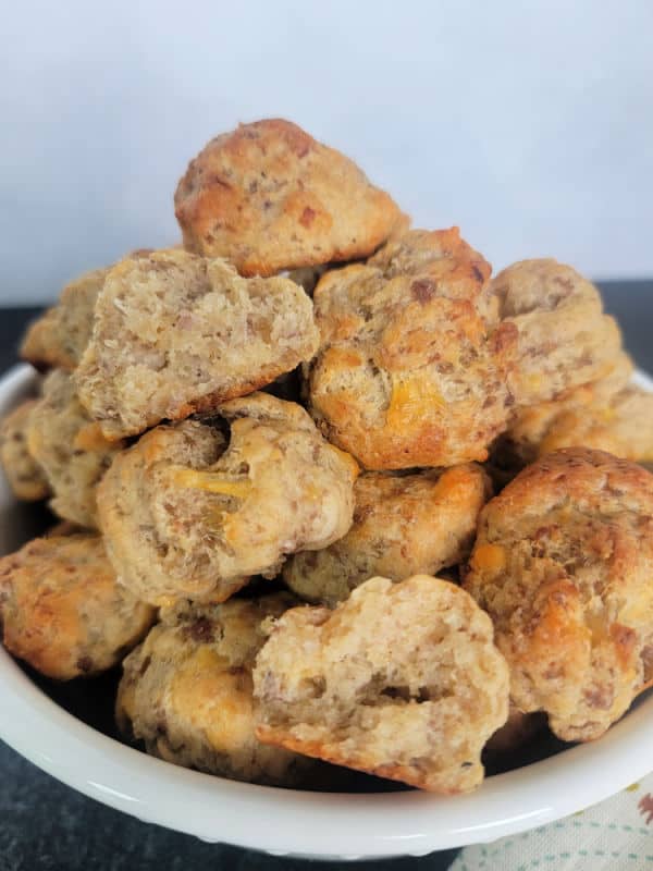 Cheddar Bay Sausage Balls in a white bowl