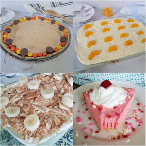 Collage of four cool whip recipes, peanut butter pie, pig pickin cake, banana cake, and kool air pie