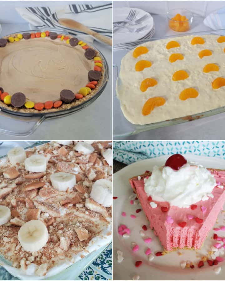 Collage of four cool whip recipes, peanut butter pie, pig pickin cake, banana cake, and kool air pie
