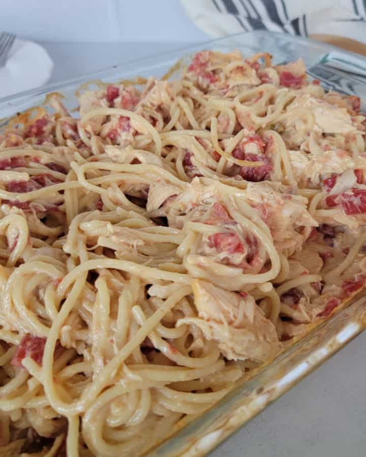 Chicken spaghetti in a glass casserole dish