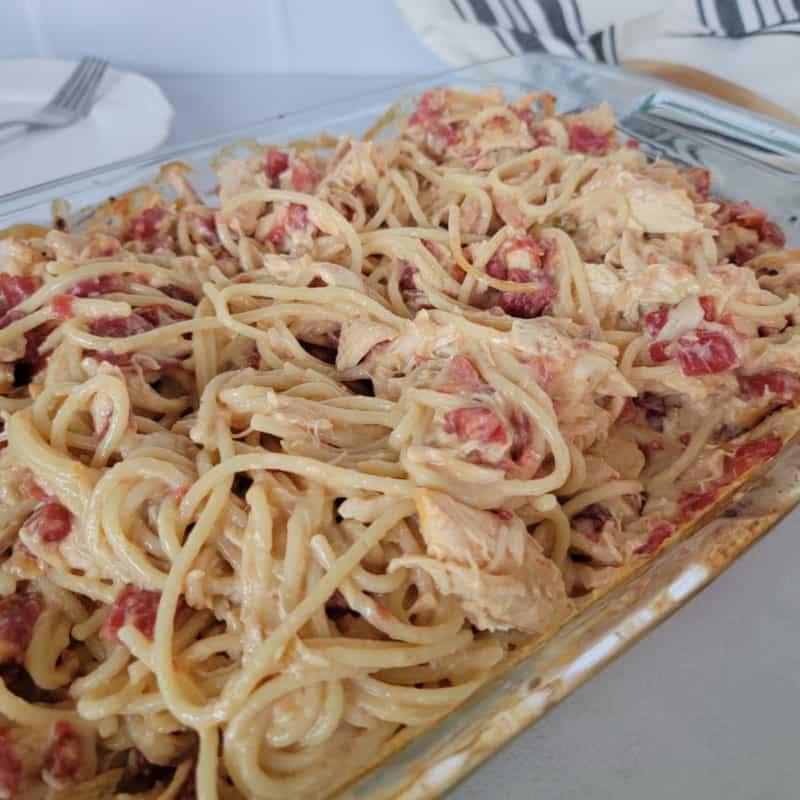 Chicken spaghetti in a glass casserole dish