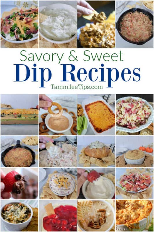 Savory & Sweet dip Recipes text in a collage of easy dip recipes