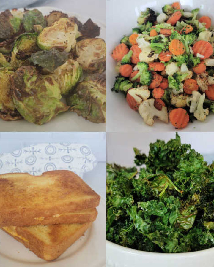 collage of four air fryer vegetarian recipes, brussel sprouts, mixed vegetables, grilled cheese, and kale chips