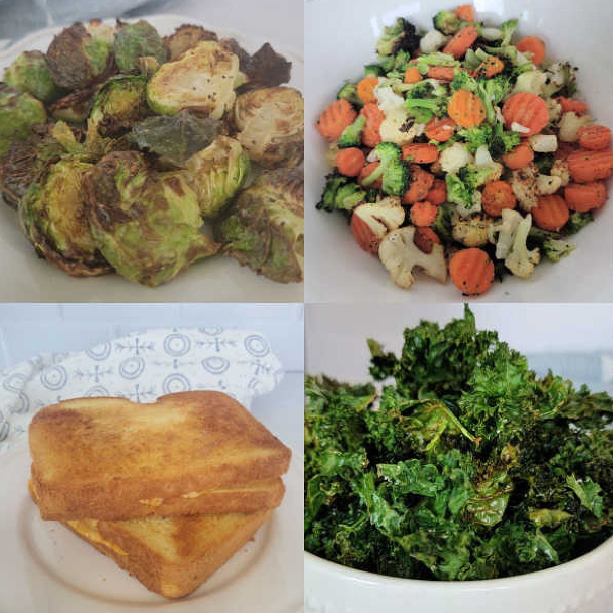 collage of four air fryer vegetarian recipes, brussel sprouts, mixed vegetables, grilled cheese, and kale chips
