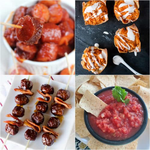 Easy Game Day Appetizers collage with kielbasa, buffalo chicken wontons, bacon meatballs, and salsa