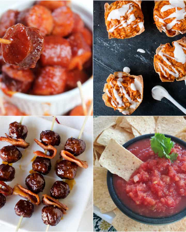 Easy Game Day Appetizers collage with kielbasa, buffalo chicken wontons, bacon meatballs, and salsa