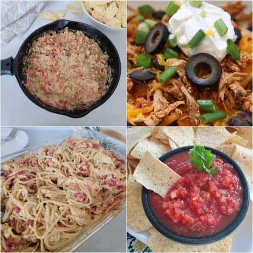 Four Rotel Recipe Photos in a collage, dip, nacho chicken, chicken spaghetti, and salsa