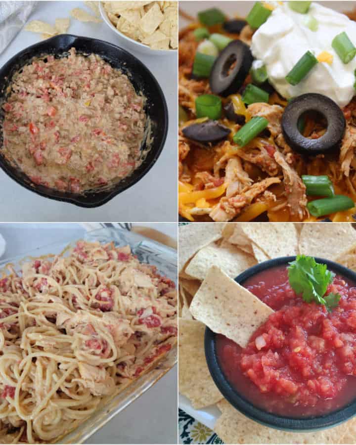 Four Rotel Recipe Photos in a collage, dip, nacho chicken, chicken spaghetti, and salsa