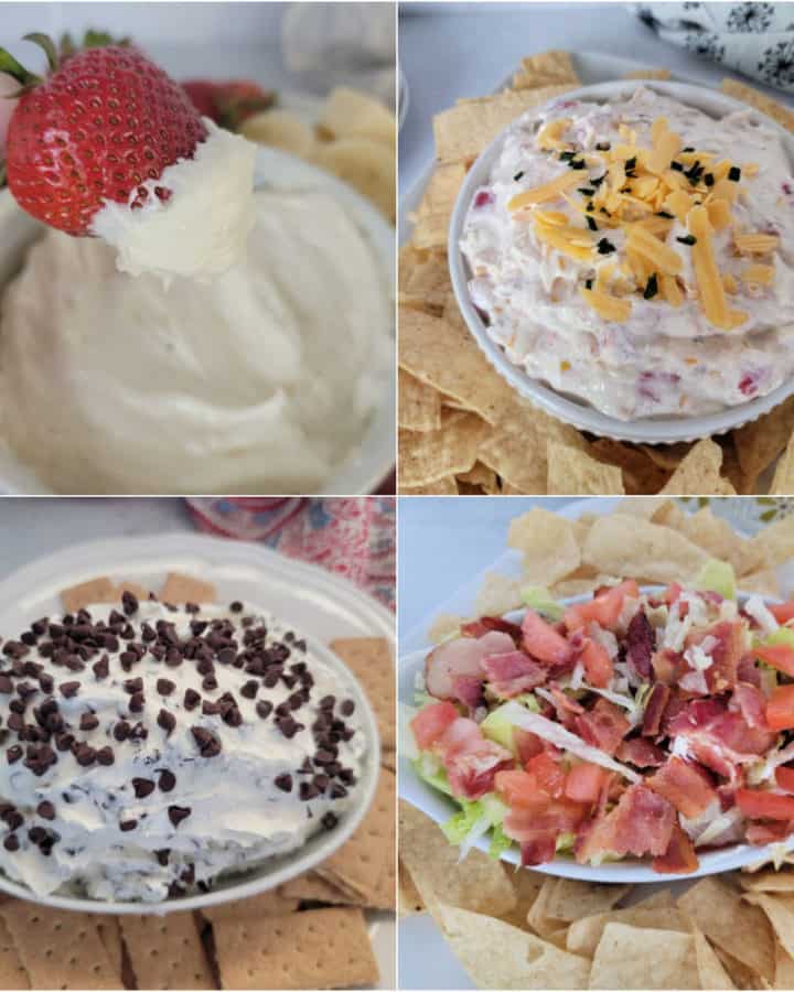 collage of dip recipes with marshmallow fruit dip, fiesta dip, chocolate chip dip, and blt dip