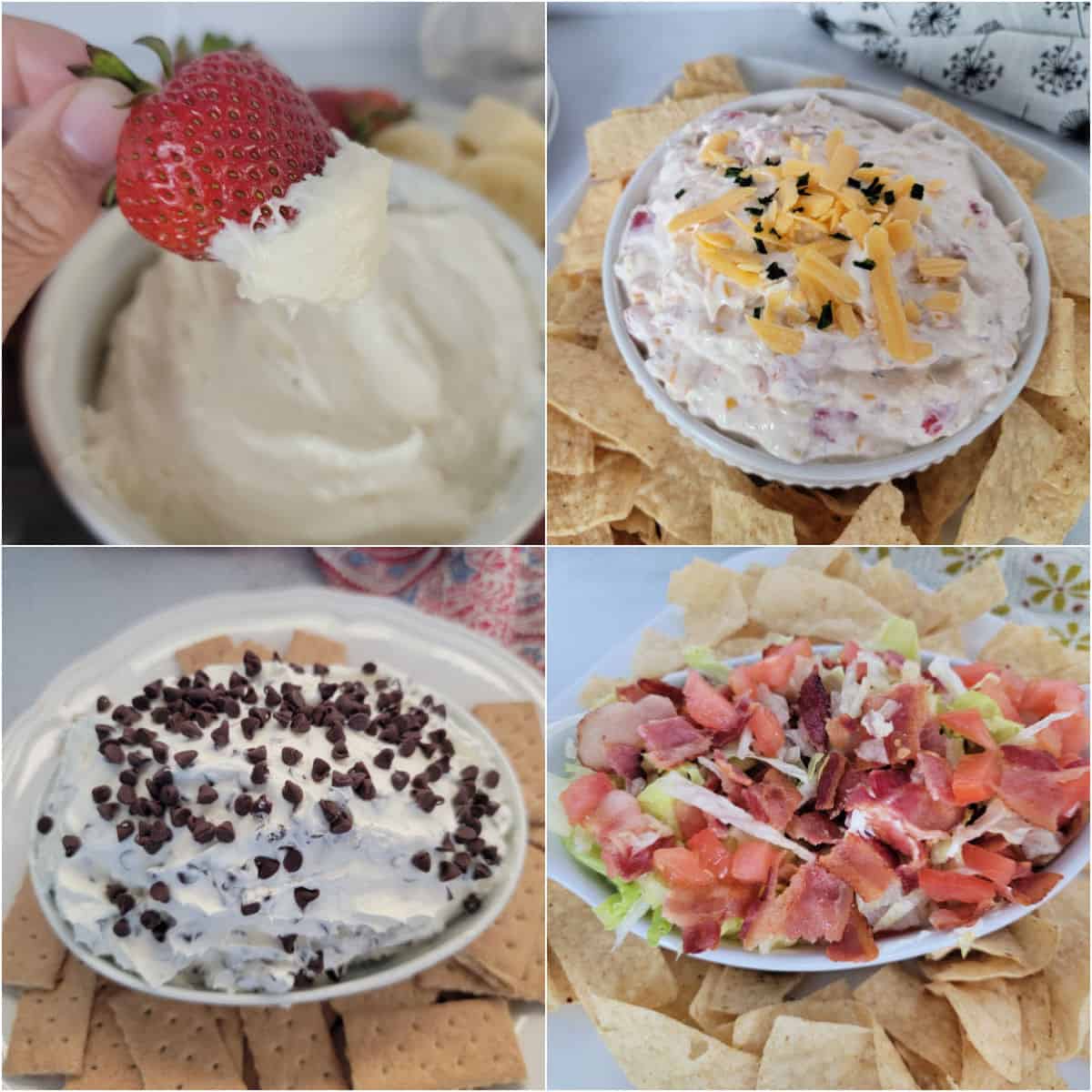 collage of dip recipes with marshmallow fruit dip, fiesta dip, chocolate chip dip, and blt dip