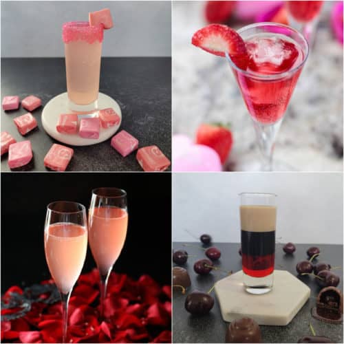 Four Valentine's Day Cocktails in a collage, pink starburst shot, strawberry champagne, kinky bubbles, chocolate covered cherry shot