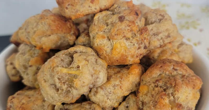 Close up of cheddar bay sausage balls in a bowl