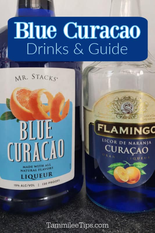 Blue Curacao Drinks and Guide text over two bottles of Bllue Curacao
