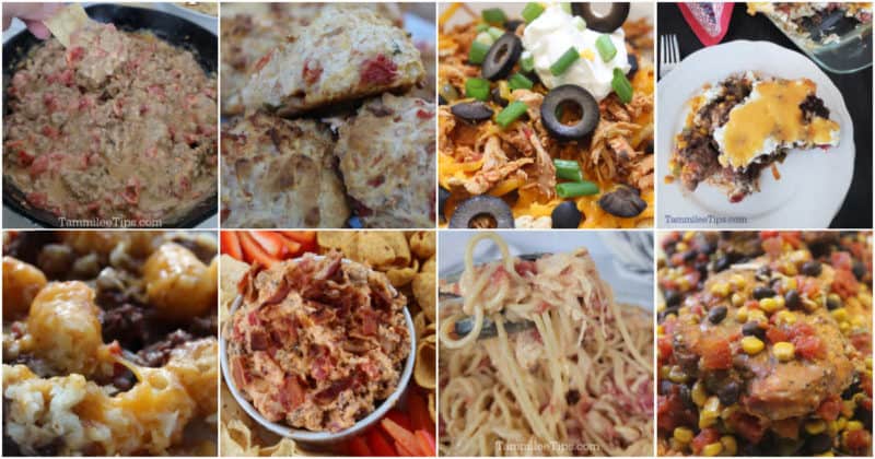 Collage of Rotel Recipes with dip, spaghetti, chicken, bread, and more