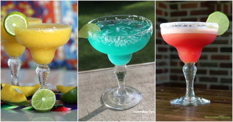 three triple sec drinks, mango margarita, blue agave margarita, and watermelon margarita