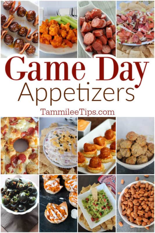 Game Day Appetizers text in the middle of a collage of meatballs, kielbasa, dips, and other appetizers