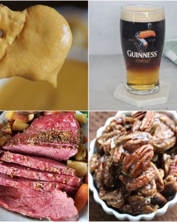 Collage of Guinness Recipes, beer cheese dip, cocktail, corned beef, and glazed pecans