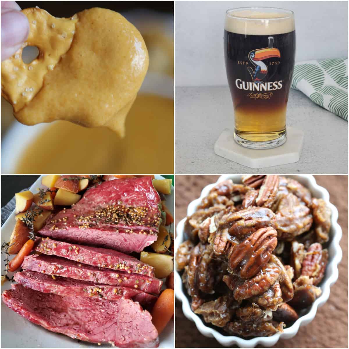 Collage of Guinness Recipes, beer cheese dip, cocktail, corned beef, and glazed pecans