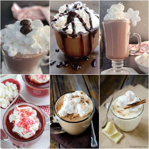 collage of hot chocolates in mugs