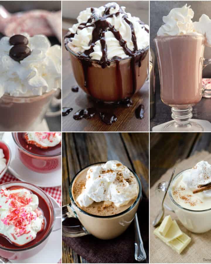 collage of hot chocolates in mugs