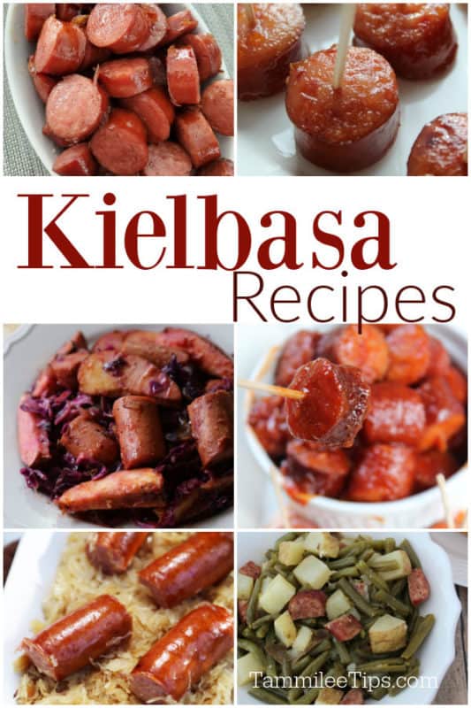 Kielbasa Recipes text in a collage of kielbasa recipes