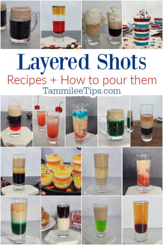 Layered Shots recipes and how to pour them text in a collage of layered shots