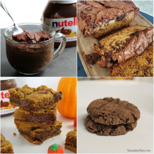 Collage of Nutella Recipes, mug cake, bread, brownies, and cookies