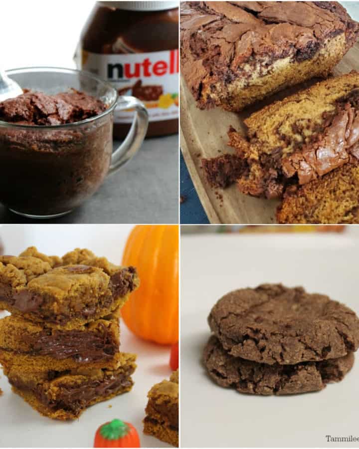 Collage of Nutella Recipes, mug cake, bread, brownies, and cookies