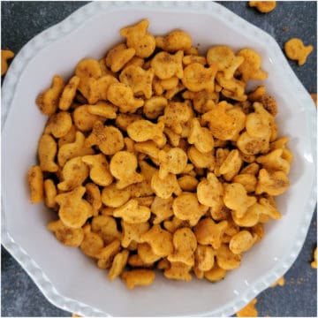 White bowl filled with Old Bay Goldfish Crackers
