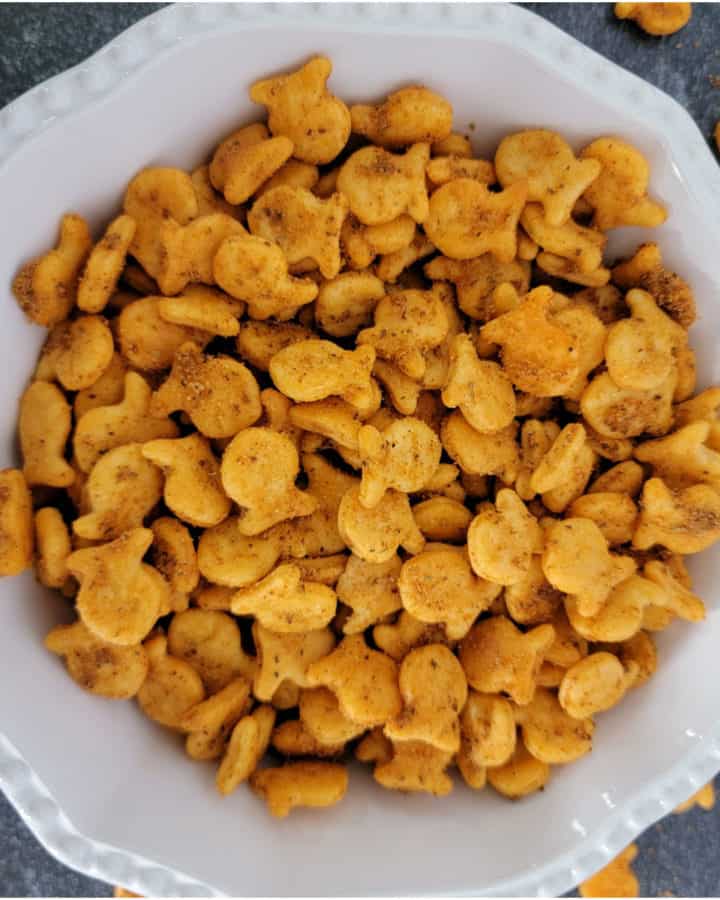 White bowl filled with Old Bay Goldfish Crackers