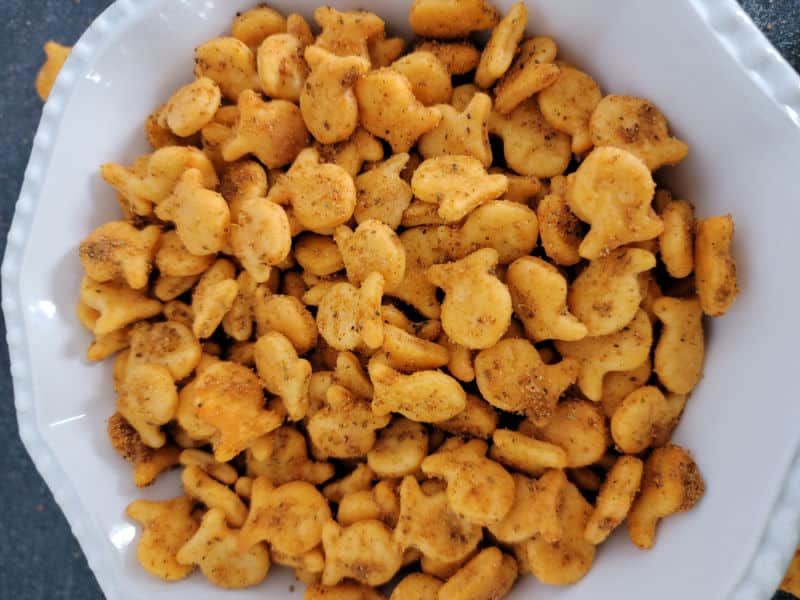 Old Bay Goldfish Snack Crackers in a white bowl