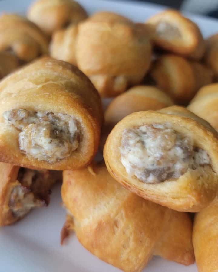 Sausage Cream Cheese Crescent Rolls on a white platter