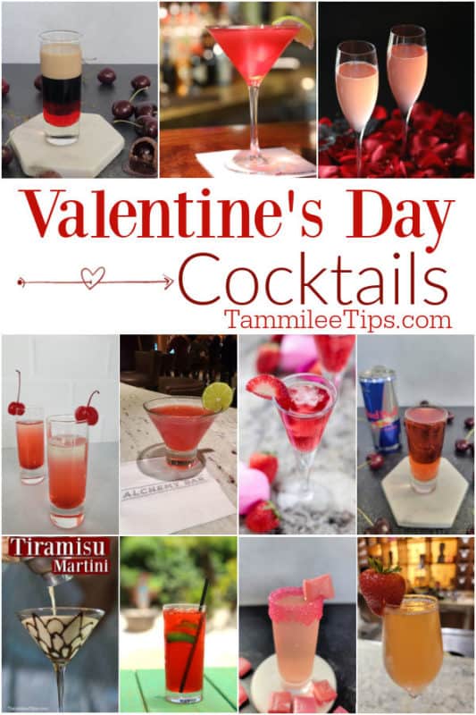 Valentine's Day Cocktails text in a collage of red and pink cocktails