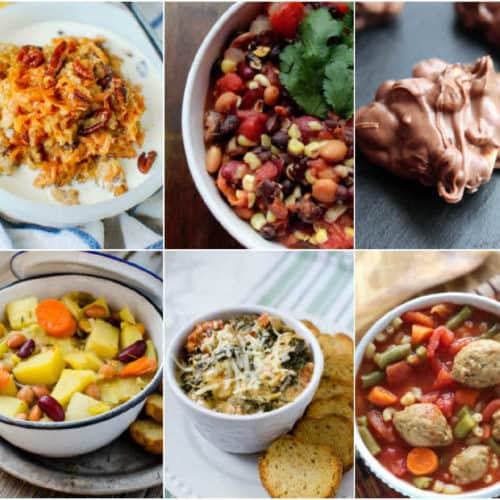Vegetarian crockpot recipes in a collage with oatmeal, chili, chocolate clusters, soup, dip, and meatball soup