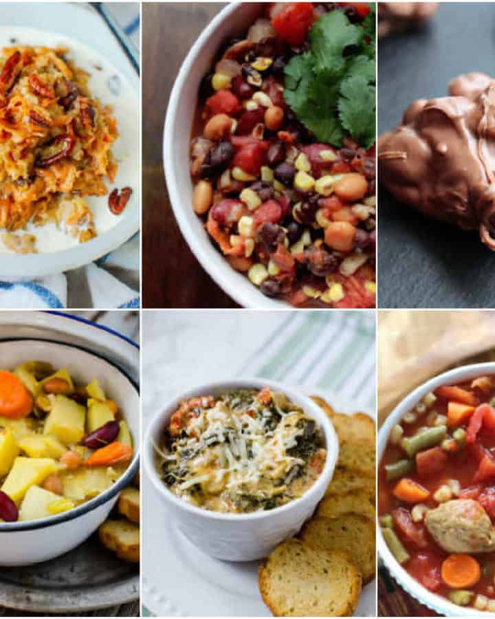 Vegetarian crockpot recipes in a collage with oatmeal, chili, chocolate clusters, soup, dip, and meatball soup