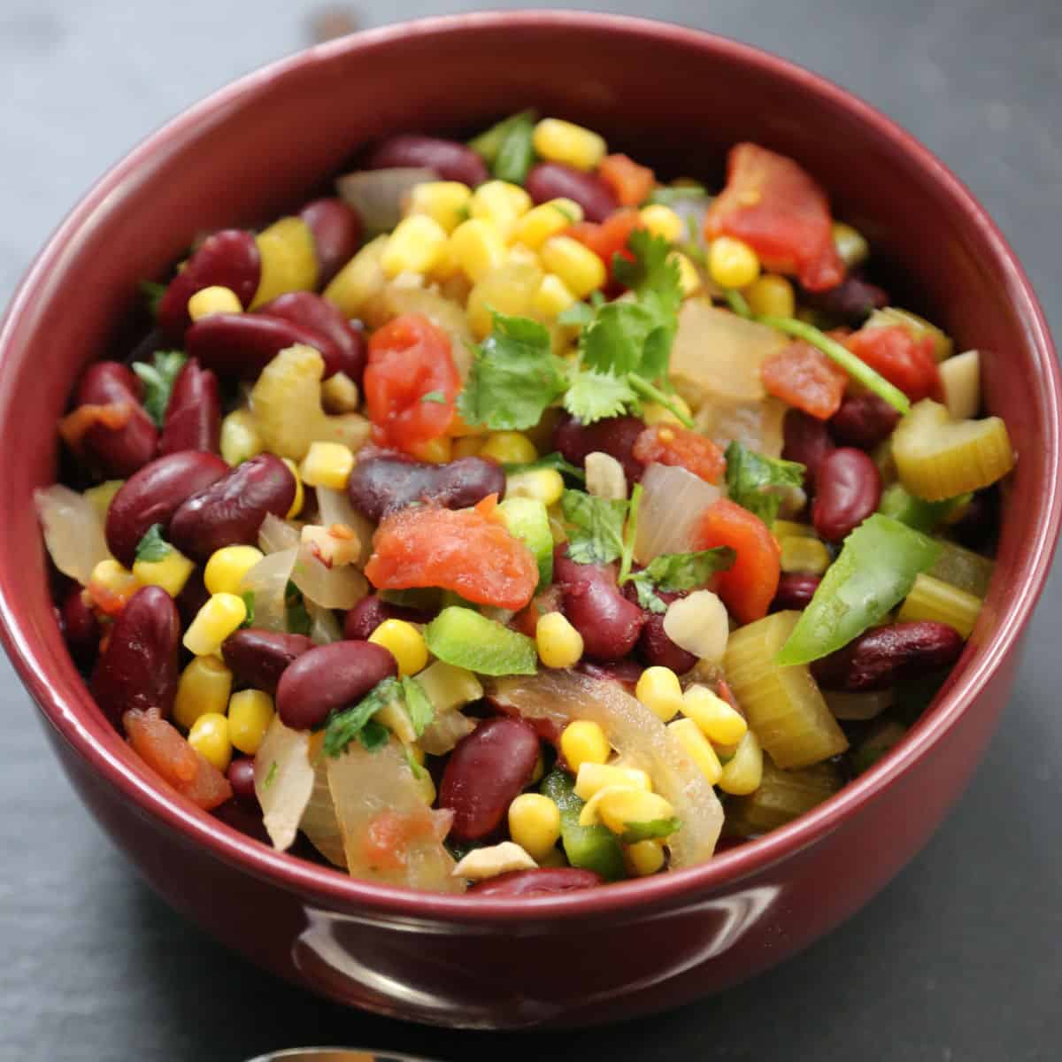 Crockpot Vegetable Chili in a red bowl