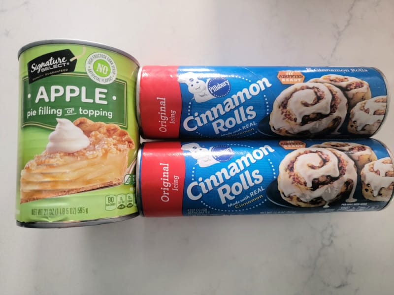 Can of apple pie filling and 2 cans of cinnamon rolls
